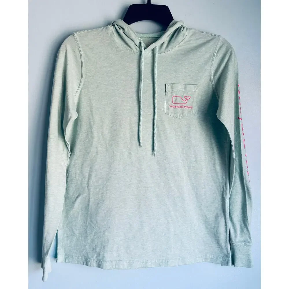 Vineyard Vines Logo Hooded Long Sleeve Tee Sz XS Green and Pink